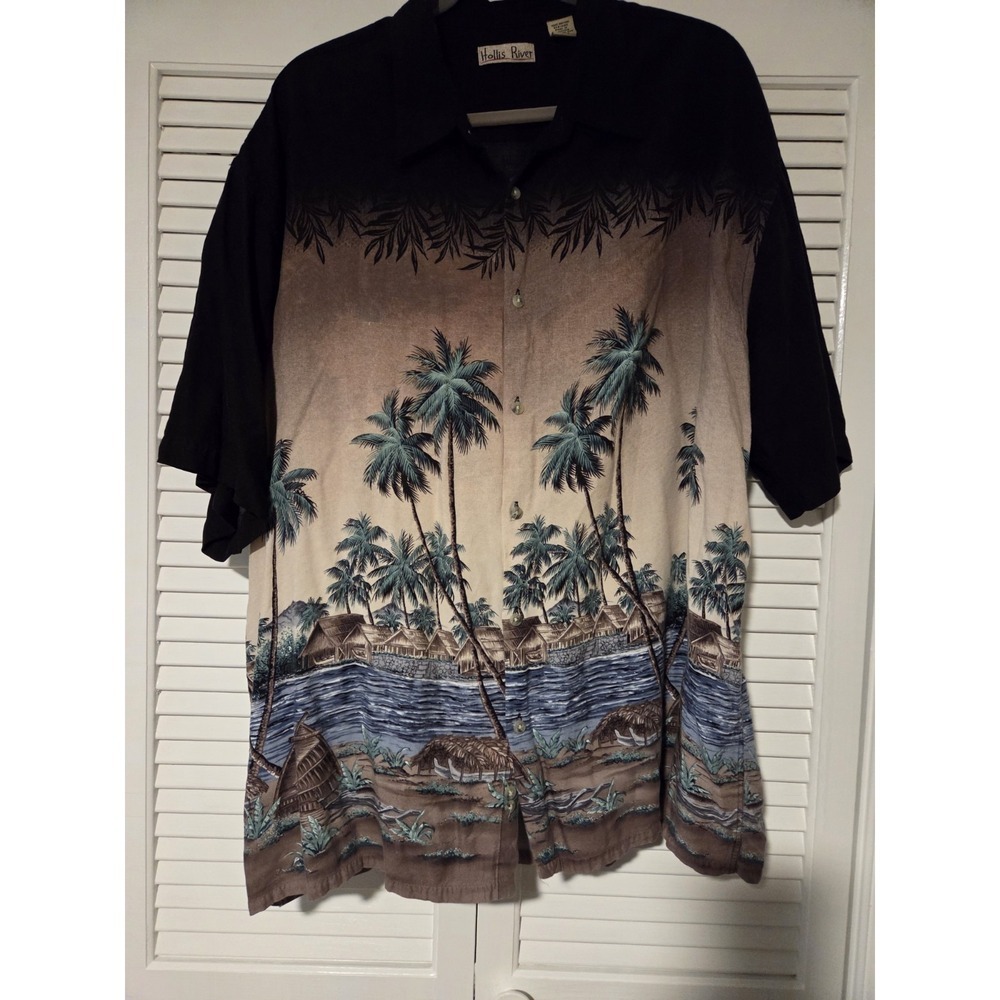 Hollis River Hawaiian Shirt‎ Mens Large Black Short Sleeve Button Up Rayon